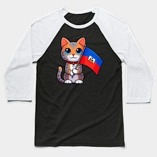 Cute Cat Holding Haiti Flag, Haiti Flag Day Baseball T-Shirt